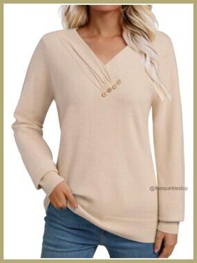 Women's Long Sleeve V-Neck Pullover Sweater Ribbed Knit Tunic Button Top